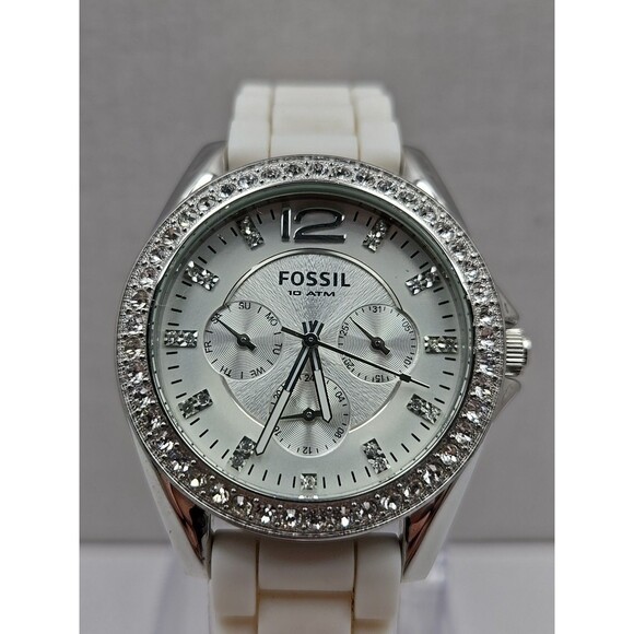 Fossil Riley Womens 40mm Watch White Silicone Glitz Bezel Quartz New Battery WR - Picture 4 of 10
